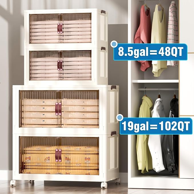 CTSNSLH 4 Tier Plastic Storage Bins with Lid 102QT, Stackable Storage Containers with Wheels, Folding Storage Boxes, Stackable Storage Bins, Closet Organizers and Storage