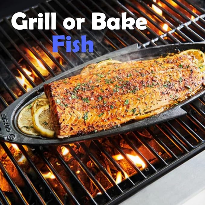 Outset 76376 Fish Cast Iron Grill and Serving Pan Black, 18.9 x 7.28 x 0.98 inches