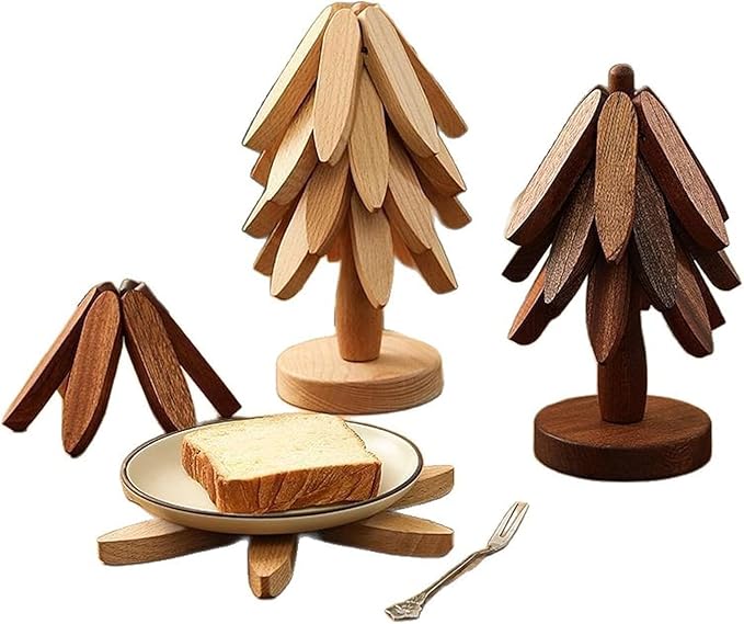 Natural Wood Tree Trivet Set, 𝐍atural Tree Trivet Set - 4 Wooden Trivets,4 Wooden 𝐓rivets & 1 Stand Like a Christmas Trees,for Hot Dish,Pot,Bowl,Teapot,Hot Pot Sets (2Color 3 Trivets,2set)
