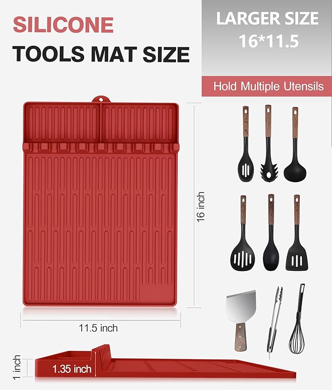Silicone Griddle Tools Mat for Blackstone - Large Silicone Spatula Mat with Drip Pad - Griddle Mats BBQ Grill Accessories - Side Shelf Mats Grill Pad for Blackstone Griddles Accessories (red)