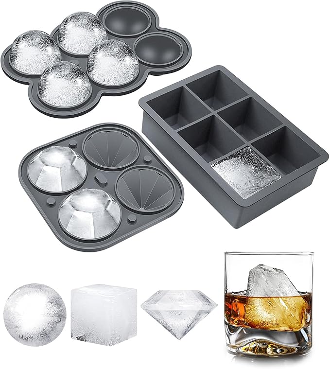 Silicone Large Ice Cube Molds (Set Of 3), 6 Ice Ball Maker Mold, 6 Square Ice Cube Mold，4 Diamond, Reusable Whiskey Ice Mold, Ice Molds for Cocktails, Bpa Free, Freezer Ice Cube Tray (Grey)