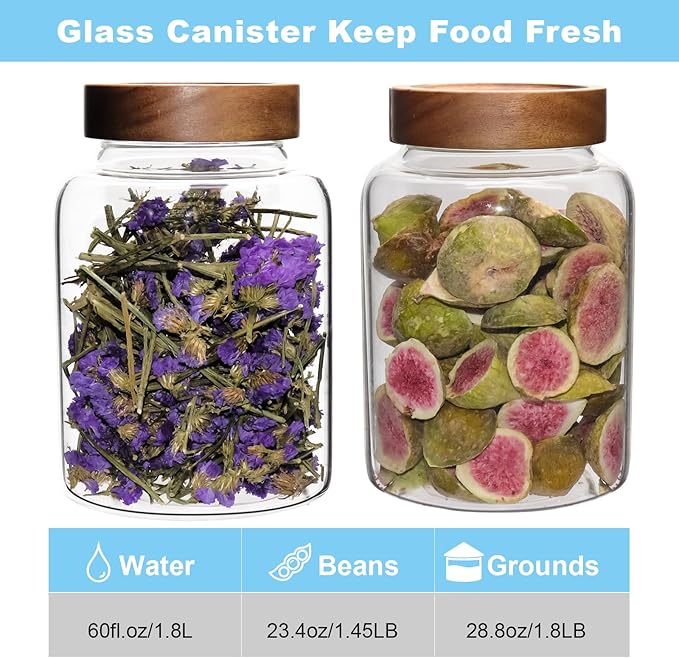 Glass Coffee Jars Spice Jar Round Storage Canister with Wooden Lid Clear Glass Food Jar for Pantry Sugar Tea Coffee Bean Spice Nuts Cookies Bath Salts (1800ml/60oz-2PACK（with spoon)
