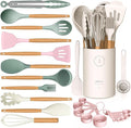 Silicone Cooking Utensils Set - Silicone Kitchen Utensils for Cooking Wooden Handles, 446°F Heat Resistant Kitchen Utensil Spatula Sets w Holder, Gadgets for Non-Stick Cookware BPA FREE (Multicolour)