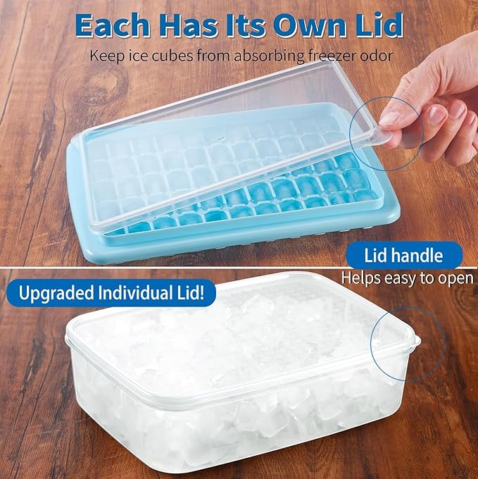 ARTLEO Ice Cube Tray with Lid and Bin for Freezer, Easy Release 55 Ice Cube Trays 2 Pack, Spill-Proof Filling & Transporting, Stackable Ice Maker Tray and Big Storage Container, BPA Free