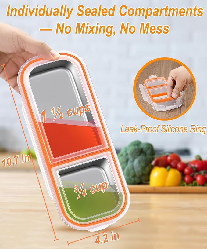KTKUDY Stainless Steel Snack Container for Kids & Adults - Leek Proof Metal Bento Lunch Box with 2 Compartment - Lunchable Container for Daycare, School, Work, Travel - Stackable Bento Snack Box