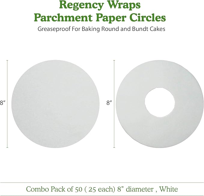 Regency Wraps Parchment Paper Circles For Round Cake Pans and Tube Cake Pans, Greaseproof Liners for Non-Stick Baking, 8" (Pack of 50, 25 Each), White