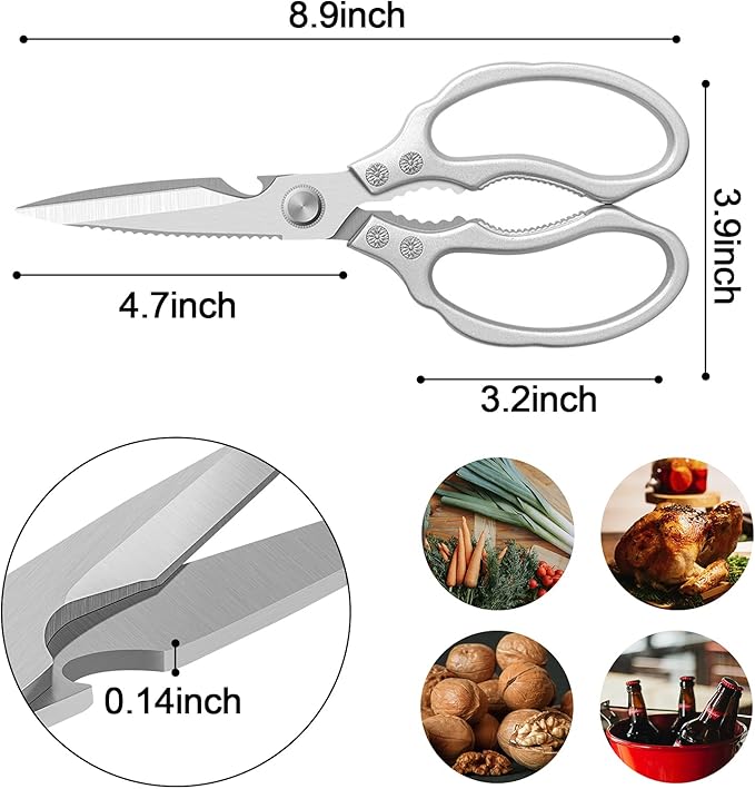 CGBE Kitchen Scissors, Multi-Purpose Kitchen Shears, Heavy Duty Dishwasher Safe Food Scissors for Chicken, Poultry, Fish, Meat & Herbs with Non-Slip Grips - Sliver