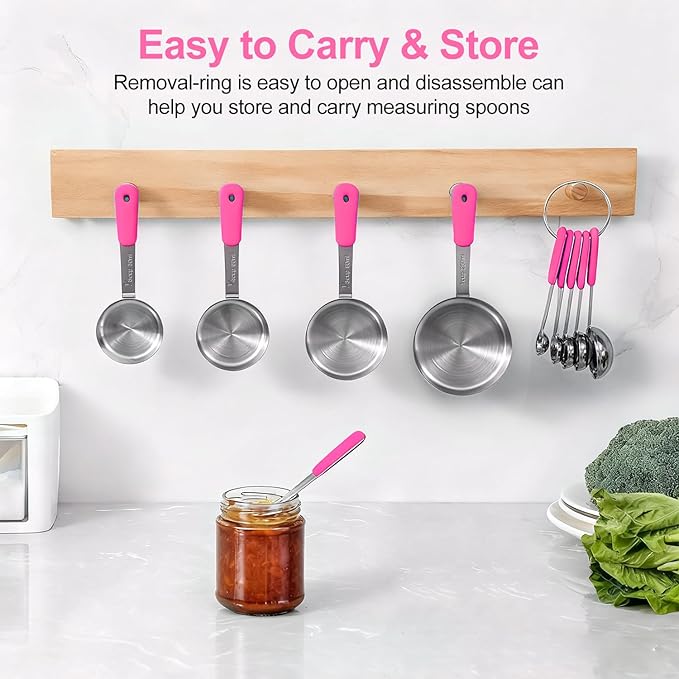 Measuring Cups and Spoons Set Stainless Steel 10 Piece for Cooking and Baking (5 Cups + 5 Spoons, Pink Handle)