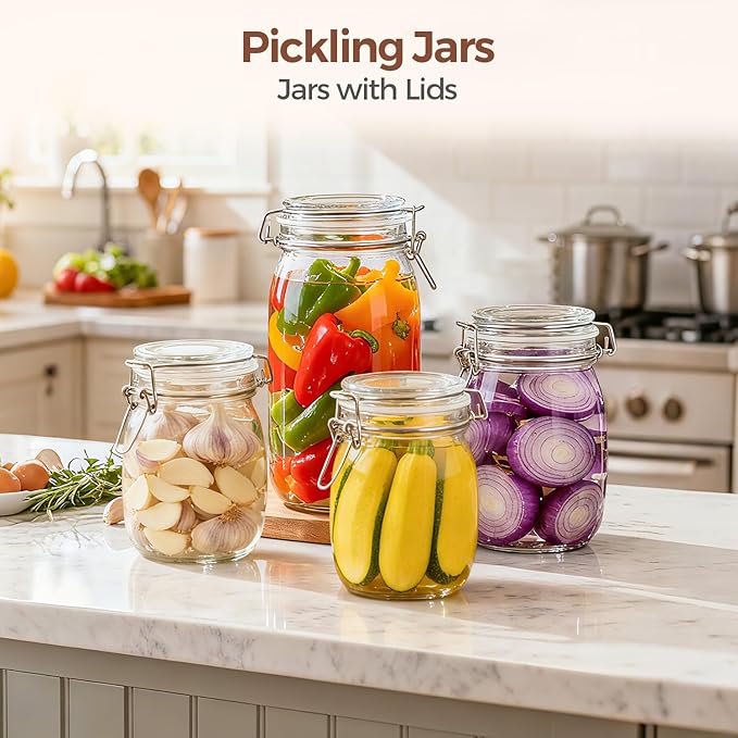 ComSaf Large Glass Jars with Lid 64 oz, Large Mason Jars Set of 3, Glass Canisters with Airtight Lids, Half Gallon Canning Jar with Seal Wire Clip Fastening for Kitchen, Pickle, Flour, Sugar, Cereal