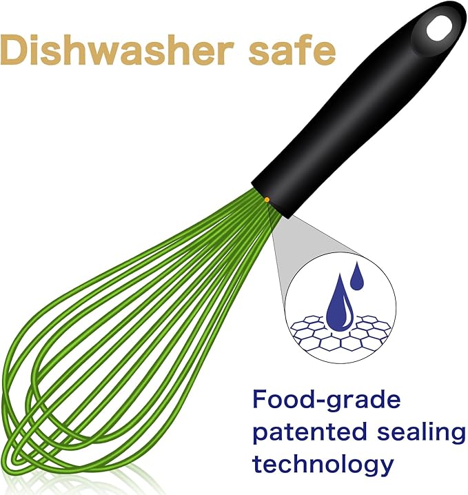 Dishwasher Safe Green Silicone Whisk, Sealed Waterproof Design Set of 3, Professional Kitchen Whisks for Cooking Non-Scratch, Silicone & Stainless Steel Whisk, Heat Resistant Balloon Egg Beater