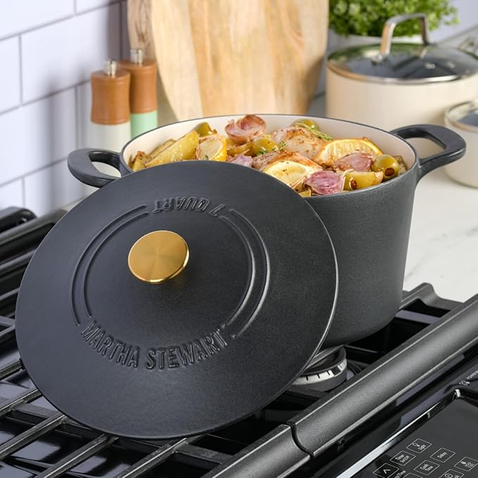 MARTHA STEWART Gatwick 7 QT Enamel Cast Iron Dutch Oven Pot with Lid, Matte Black