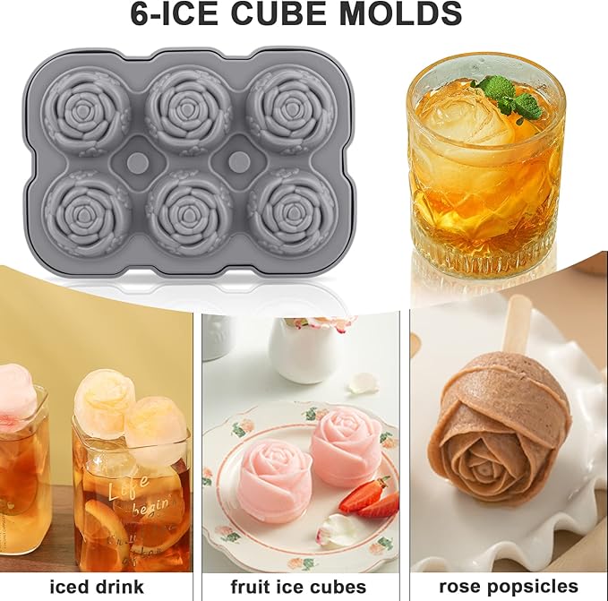 Ice Cube Tray, Mikiwon 2 inch Rose Ice Cube Trays With Covers, 6 Cavity Silicone Rose Ice Ball Maker, Easy Release Large Ice Cube Form for Chilled Cocktails, Whiskey, Bourbon & Homemade Juice
