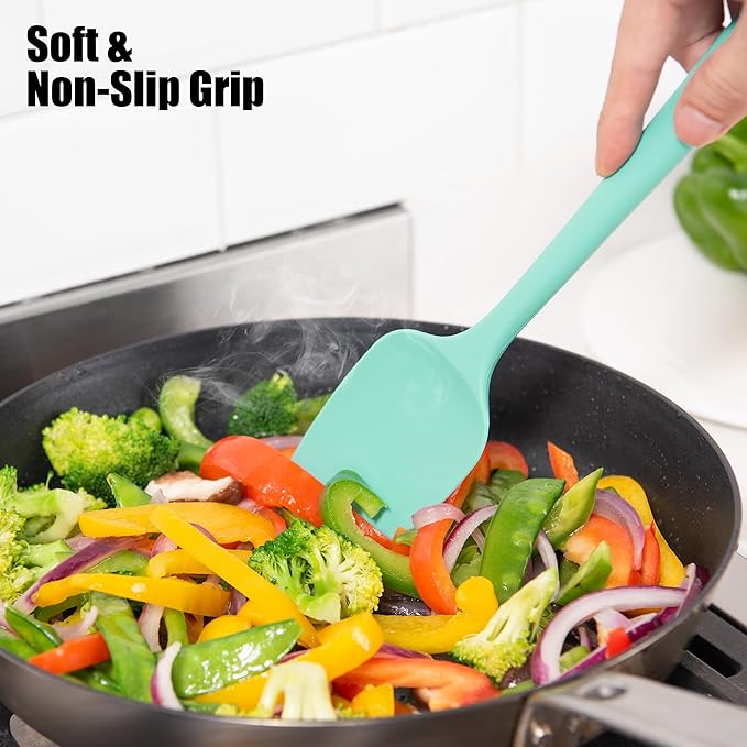 2-Piece Silicone Scraper & Spoon Spatulas: Doosu 600°F Heat Resistant Food Grade BPA Free Rubber Baking Flat Spatula Kitchen Cooking Spoonula for Mixing Scraping Folding Stirring Serving (Aqua Sky)