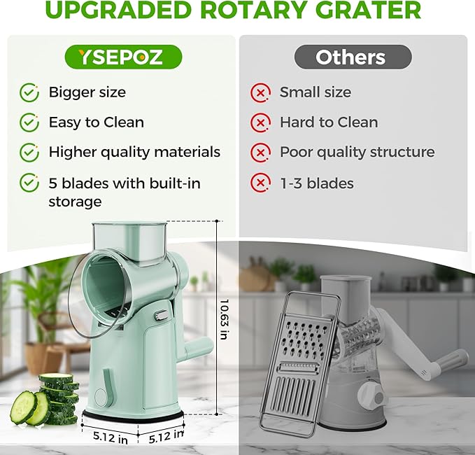 7 IN 1 Upgraded Rotary Cheese Grater with Handle – Vegetable Shredder with Built-in Storage Blade Slot, 5 Versatile Blades, Strong Suction Base Round Mandoline Slicer, Food Chopper for Kitchen