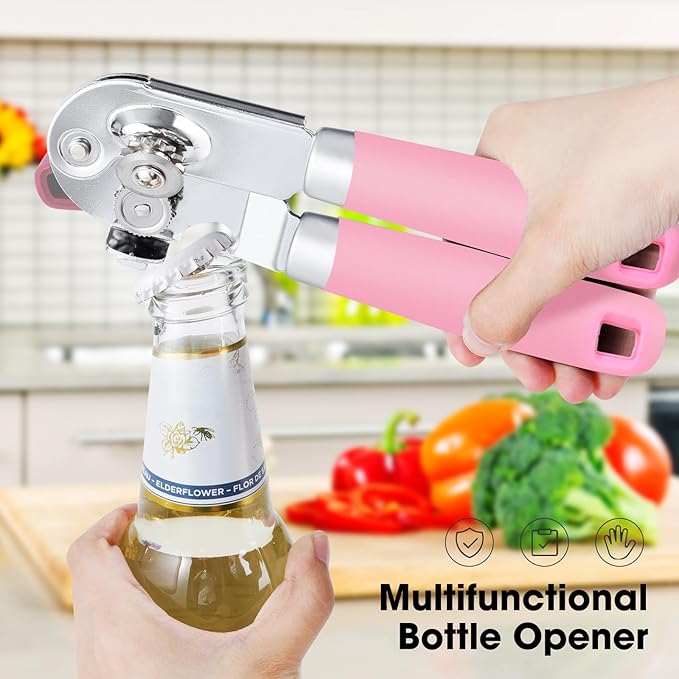 Beneno Heavy Duty Hand Can Opener Manual with Magnet, Durable Sharp Carbon Steel Blade Smooth Cutting, Big Effort-Saving Knob & Soft Grip Handle, Multifunctional Kitchen Tool with Bottle Opener, Pink