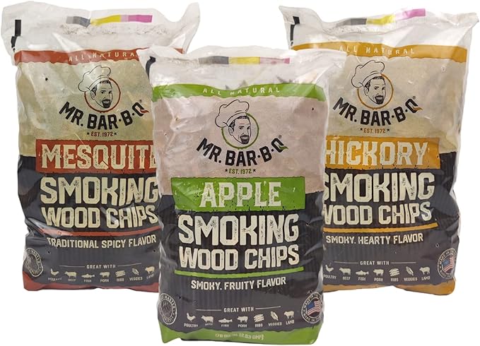Wood Smoker Chips Bundle of 3 Flavors - Apple, Mesquite & Hickory Wood Chips by Mr. Bar-B-Q, Can be Used on Gas & Charcoal Grill, Variety of Flavors for Smokers, Grilling, BBQ, Camping(3 x 1.8 Lb Bag)