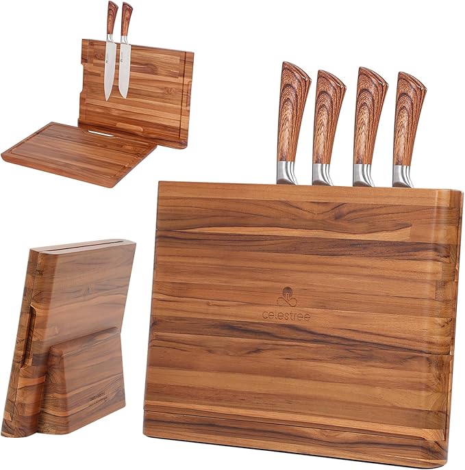2 - in - 1 Magnetic Knife Block Holder with 16"x11" Cutting Board, Crafted from Premium Natural Teak Wood, Exquisitely Made with Elegant Design, Ideal for Efficient Kitchen Knife Storage