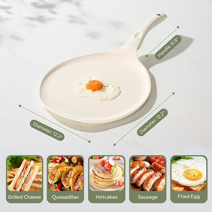 Redchef Nonstick Crepe Pan Nonstick 12 Inch with Ceramic Coating, Non Stick Flat Skillet, Professional Pancake Griddle Pan, Induction Compatible, PFAS/PFOA/PTFE Free, Stay-Cool Handle (Beige White)