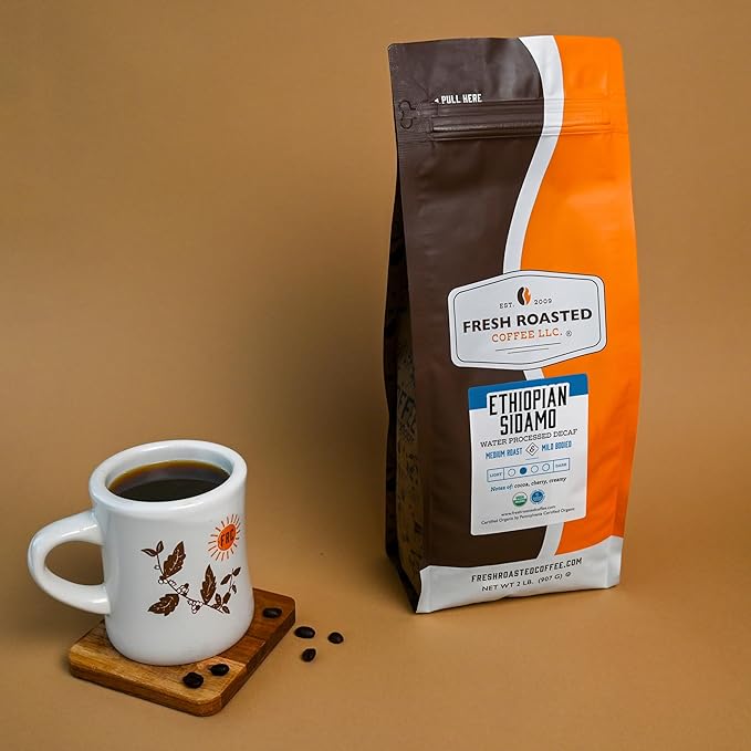 Fresh Roasted Coffee, Organic Ethiopian Sidamo Water-Processed Decaf | USDA Organic, 100% Single Origin, Kosher | Medium Roast 2 lb (32 oz) Whole Bean