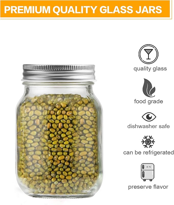 16 oz Mason Jars With Lids Regular Mouth 15 Pack-16oz Glass Jars with Silver Lids,Bulk Pint Clear Glass Jars For Meal Prep, Food Storage With 20 Labels
