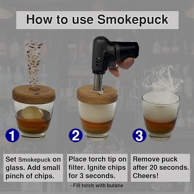 Cocktail Smoker Kit - Made in USA - Lifetime Warrenty - Apple+Cherry+Walnut Wood Chips - Create Smoked Old Fashioned - Great Bourbon Gift - Includes Premium Torch & NEW Gift Box. (No Butane)