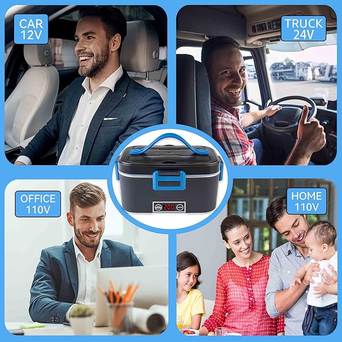 Nifogo Electric Lunch Box for Adults 80W with Temperature Display Heated Lunch Box Food Warmer Lunch Box 1.8L Stainless Steel Container&Bag 12V/24V/110V for Car/Truck/Work(Blue)