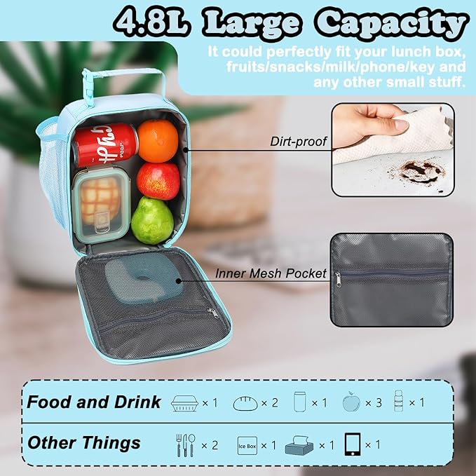 FlowFly Lunch box Insulated Soft Bag Mini Cooler Back to School Thermal Meal Tote Kit With Buckle and Mesh Side Pocket for Girls, Boys, BlueWithLetter