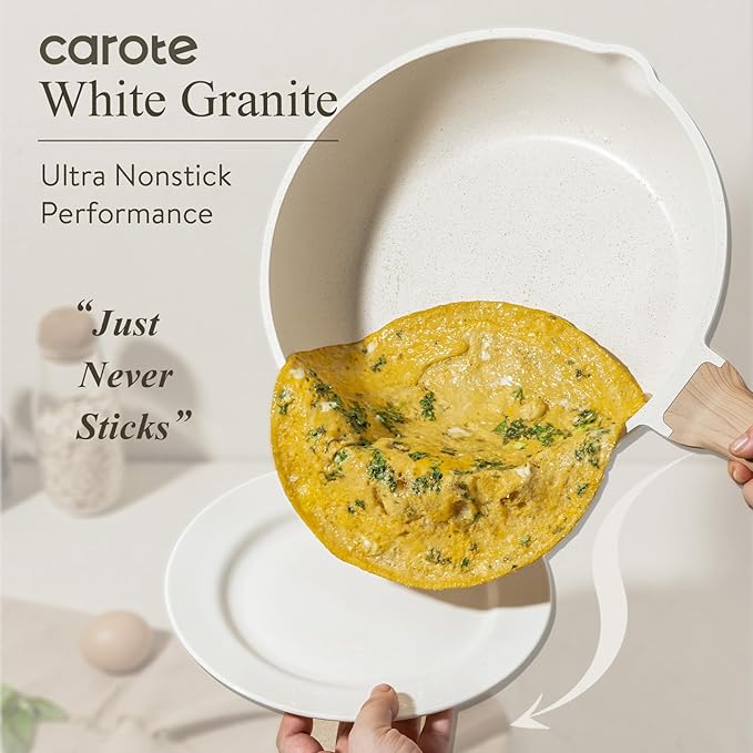 CAROTE Non Stick Frying Pan Skillet, Omelet Pan, Healthy Non Toxic Granite Chef Pan, Induction Compatible Egg Frying Pan with Heat-Resistant Handle, PFOA-Free,Cream White, 8"