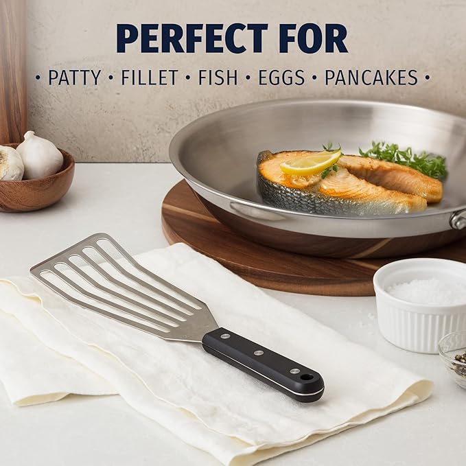 Zulay Kitchen Stainless Steel Fish Turner Spatula - 12.4” Flexible Heat-Resistant Slotted Turner for Non-Stick Cookware - Rust-Proof, Durable & Dishwasher Safe Cooking Utensil for Everyday Use