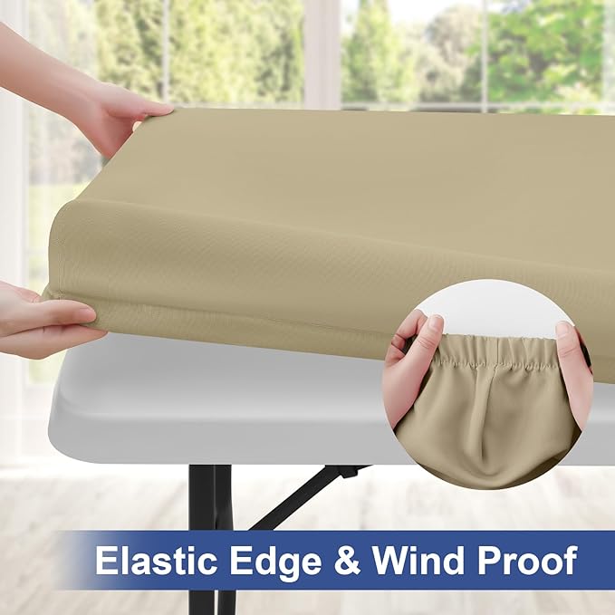 homing Rectangle Table Cloth Cover, Waterproof Polyester Elastic Fitted Tablecloth, Fits for 4 Foot Folding Tables, Washable Table Protector for Picnic, Camping, Outdoor (Taupe, 24" x 48")
