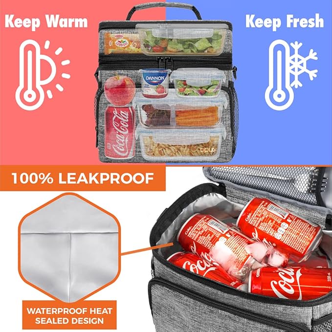 opux Insulated Lunch Bag for Men Women, Large Dual Compartment Cooler Bag, Soft Two Deck Lunch Box for Work School Picnic, Leakproof Lunch Tote with Shoulder Strap for Kid Adult (Gray, Double Deck)