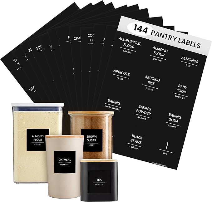 Talented Kitchen 144 Minimalist Pantry Labels – Preprinted White All-Caps on Matte Black Vinyl Stickers, Water-Resistant Adhesive Labels for Kitchen, Jars, Containers, Spices & Pantry Organization