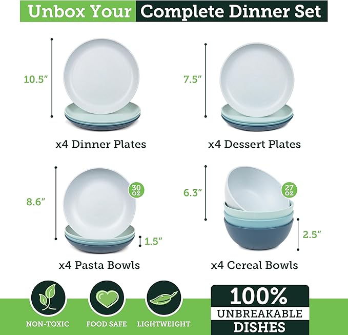 Grow Forward 16-piece Premium Wheat Straw Dinnerware Sets for 4 - Unbreakable Dishwasher & Microwave Safe Plastic Plates and Bowls Sets - Patio, Outdoors, RV, Camping Dishes - Seascape