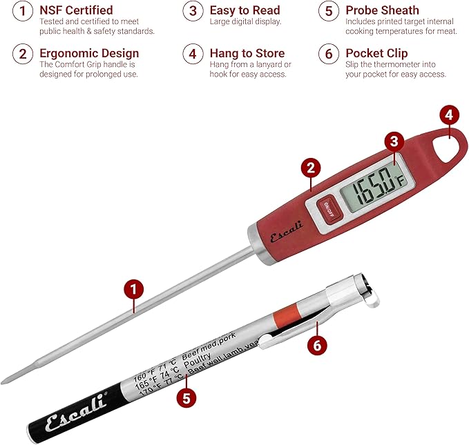 Escali DH1 Gourmet Digital Meat Thermometer with Extra Long Probe, NSF Certified, Red