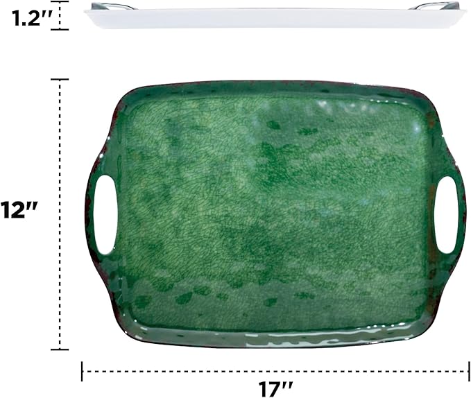 TP Serving Trays with Handles, 17 x 12 Inch Melamine Serving Platters for Food, Meat, Set of 2 Rectangular Trays for Eating, Retro Green