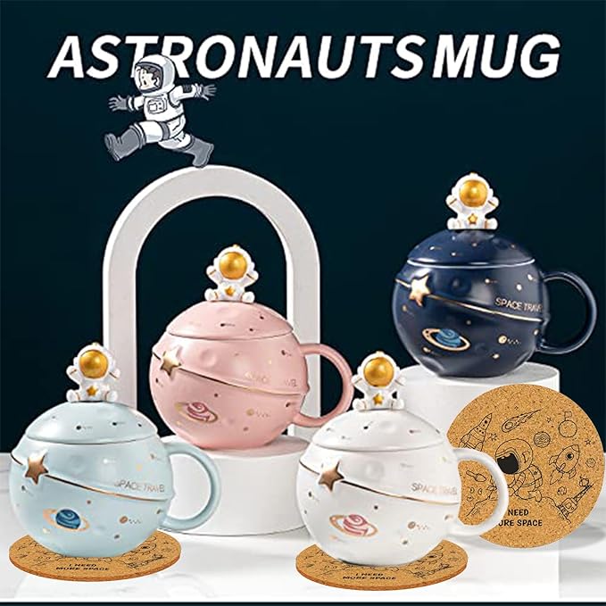 Kawaii Astronaut Cup Space Embossed Planet Mug, Cute Ceramic Coffee Mug, Novelty Mug with Lid and Spoon for Coffee, Tea, Milk, Aesthetic Room Decor Funny Gift for Girl Boy Women((Pink)