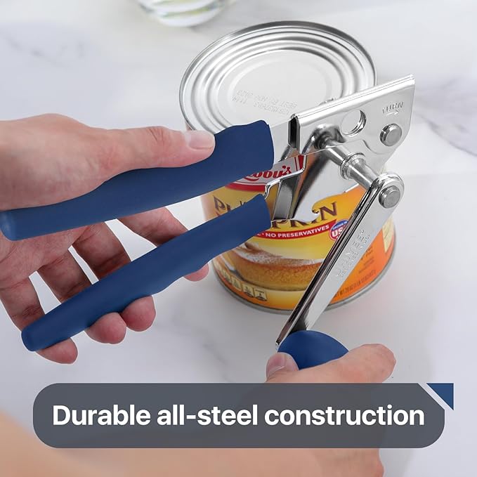 Commercial Can Opener, UHIYEE Hand Crank Can Opener Manual Heavy Duty with Comfortable Extra-long Handles, Oversized Knob, Large Handheld Can Open Easy for Big Cans, Blue