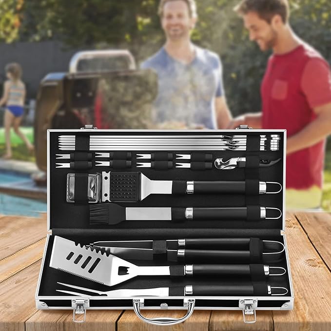 Grilljoy BBQ Accessories Grill Tools Set - 22PCS Stainless Steel Barbecue Grill Accessories for Outdoor Grill with Black Aluminum Case - Christmas Grilling Gifts for Men & Dad -Grill Tools Kit