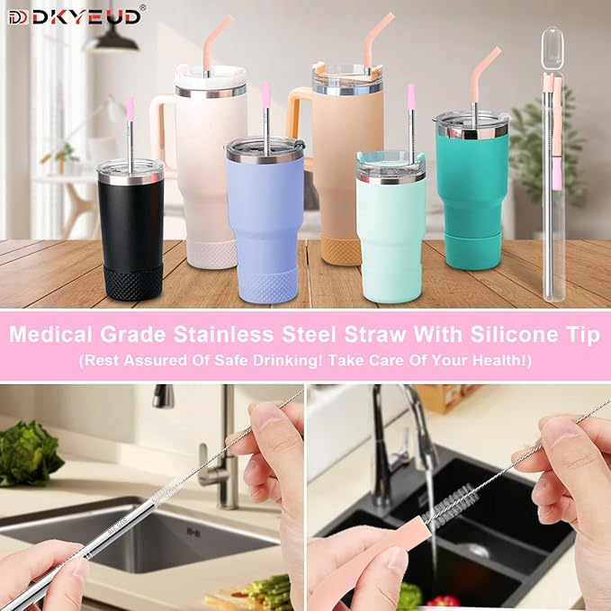 Quality Upgraded 9In Medical Grade 316 Stainless Steel Straws Set 1 PCS with 3 Silicone Accessories, 1 Straw Brush, 1 Storage Case, BPA Free, Eco-Friendly Metal Straws Reusable
