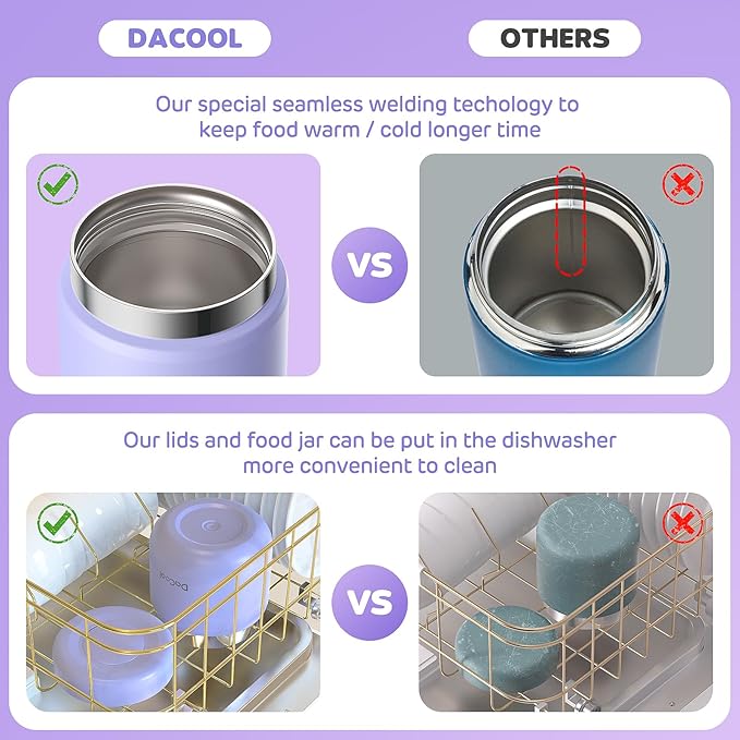 DaCool Kids Thermo for Hot Food 13 OZ Insulated Food Jar Kids Lunch Food Thermo Vacuum Stainless Steel Insulated Lunch Container Bento for School Office Picnic Travel Outdoors, Light-Purple