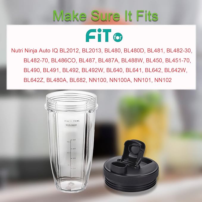 Replacement 24oz Cups for Nutri Ninja Blenders, Blender Replacement Parts with Upgraded Lid for BL450 BL454 BL480 BL482 BL640 BL642 BL682 BN801 SS101 SS351 SS401, Ninja Blender Auto IQ Blade, 2 Packs