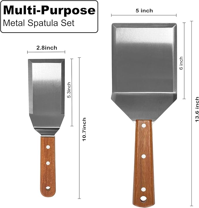 Wooden Steel Barbecue Grill Tool, Griddle Accessories for Blackstone, Multi Kitchen Flippers with Full Tang Handle & Beveled Edges, Spatula/Turner/Scraper for Flat Top Grill- Thicker Steel Blade