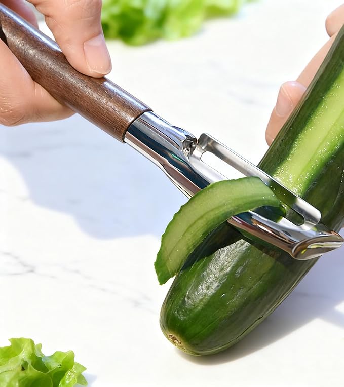 Ugotit Fruit Vegetable Peeler Set for Kitchen, Stainless Steel Potato Peelers Ultra Sharp Swivel Blade, Premium Real Wood Handle Leather Strap (Y&I Shaped)