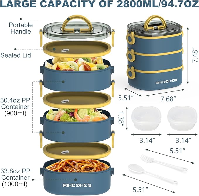 Lunch Box, Stackable 3 Layers Containers, Portable 94OZ Large Capacity Leakproof Bento Box with Spoon & Fork & Sauce Boxes, Microwave Safe Lunch Box for Kids and Adults