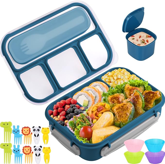 Bento Box, Lunch Box Kids, 1300ML Adult with 4 Compartment &Food Picks &Cake Cups, Containers for Adults/Kids/Toddler, Leak-Proof, Microwave/Dishwasher/Freezer Safe(Blue)