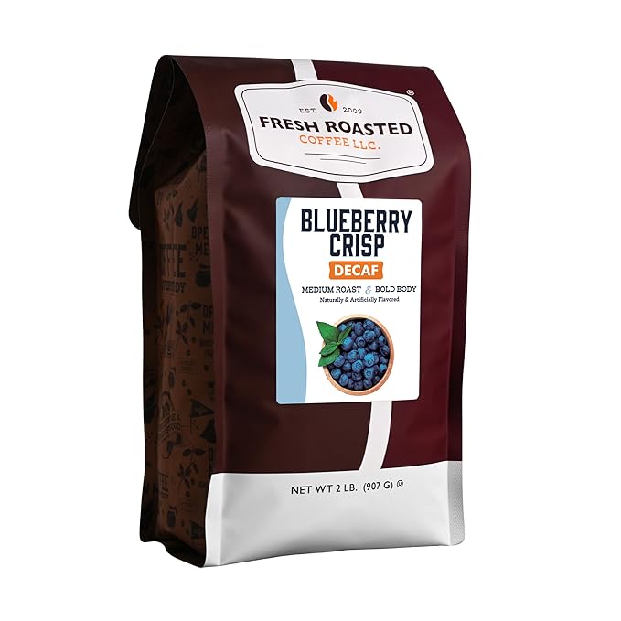 Fresh Roasted Coffee, Decaf Blueberry Crisp Flavored Coffee, 2 lb (32 oz), Medium Roast, Kosher, Whole Bean