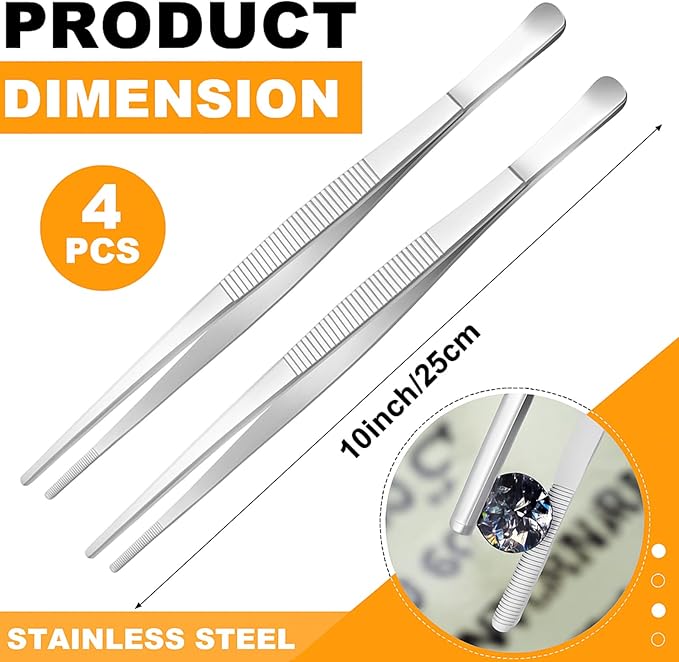 Yaomiao 4 Packs Bar Tweezers Long Garnish Tongs Bar Tweezers Stainless Steel Korean Bbq Tongs for Bartender Cocktail Cooking Food(Silver,10 Inch)