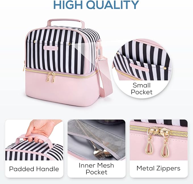 TOURIT Lunch Bag Women Double Deck Lunch Box Insulated Lunch Cooler for Women Men Work, Pink Stripes
