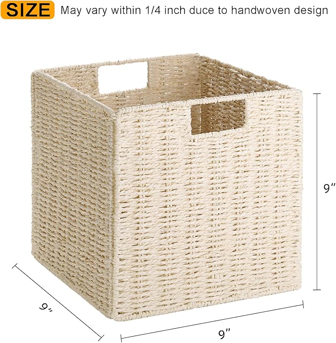 Vagusicc Wicker Storage Basket, Set of 2 Hand-Woven Storage Baskets for Shelves with Handles, Foldable Cube Storage Baskets Bins Organizer, 9 inch Wicker Baskets for Pantry Bedroom Decor, Beige