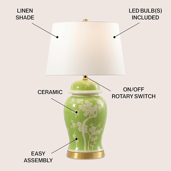 JONATHAN Y JYL3047B Gracie 29.5" Traditional Cottage Ceramic/Metal Ginger Jar LED Table Lamp, Green/White for Bedroom, Living Room, Office, College